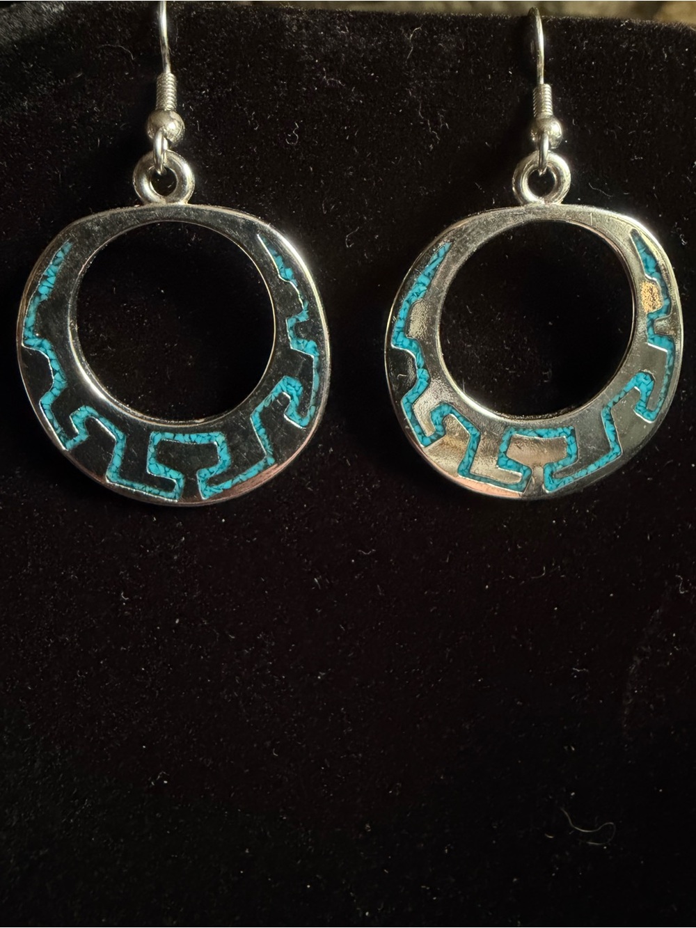 Geometric Turquoise Inlay Silver-Tone Hoop Drop Earrings